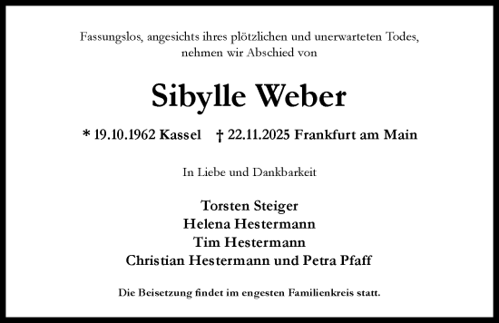 Traueranzeige von Sibylle Weber von FNP