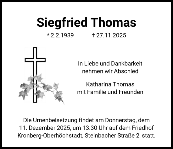 Traueranzeige von Siegfried Thomas von FNP