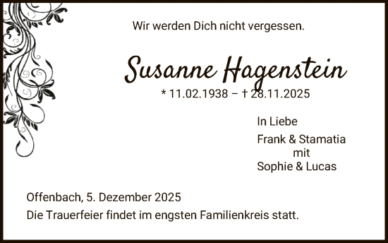 Traueranzeige von Susanne Hagenstein von OFOP