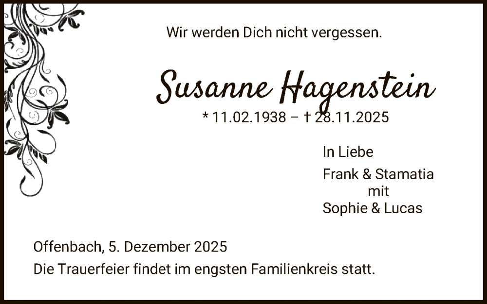  Traueranzeige für Susanne Hagenstein vom 10.12.2025 aus OFOP