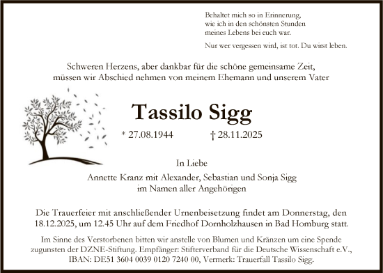 Traueranzeige von Tassilo Sigg von FNP