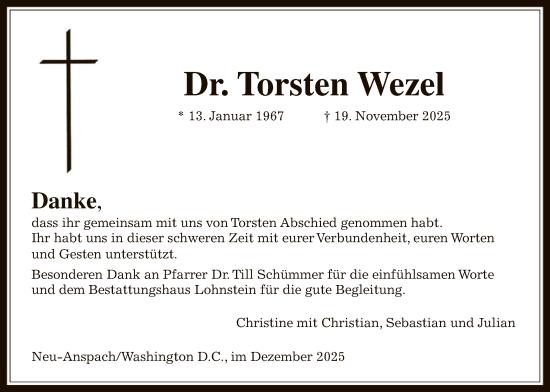 Traueranzeige von Torsten Wezel von FNP