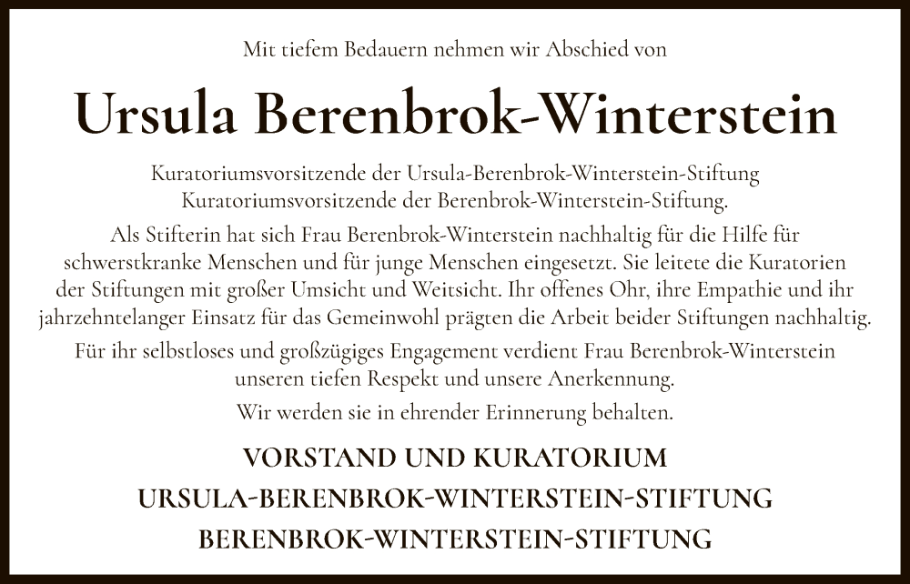  Traueranzeige für Ursula Berenbrok-Winterstein vom 18.12.2025 aus OFHA