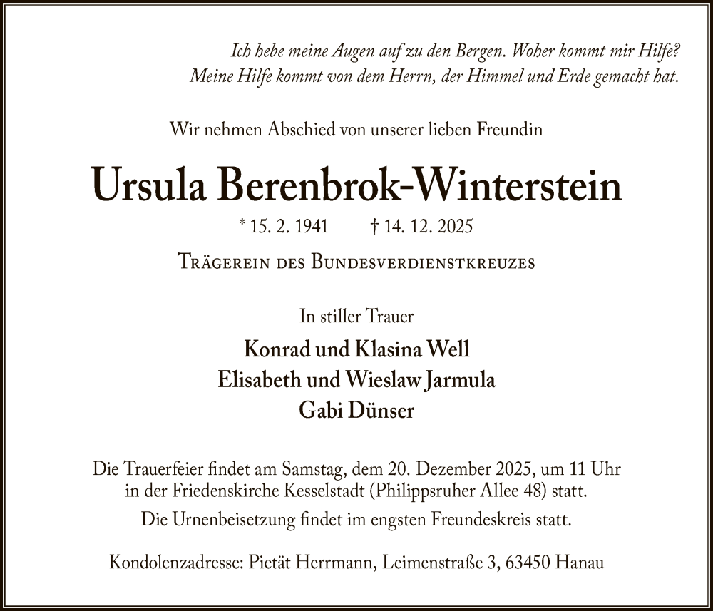  Traueranzeige für Ursula Berenbrok-Winterstein vom 17.12.2025 aus OFHA