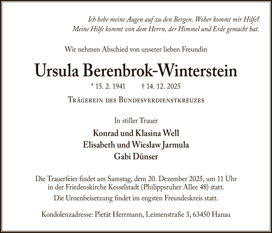 Traueranzeige von Ursula Berenbrok-Winterstein von OFHA
