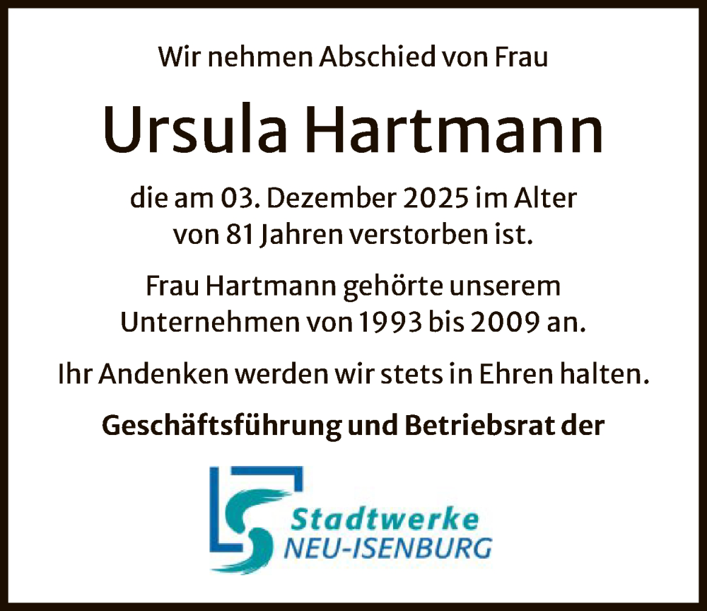  Traueranzeige für Ursula Hartmann vom 20.12.2025 aus OF0W