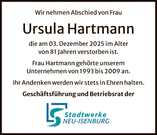 Traueranzeige von Ursula Hartmann von OF0W