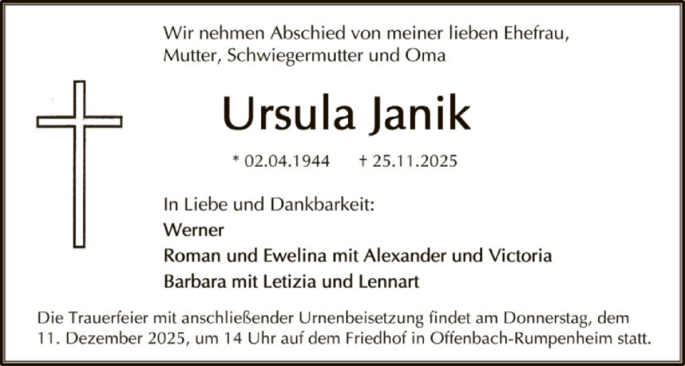  Traueranzeige für Ursula Janik vom 06.12.2025 aus OFOP