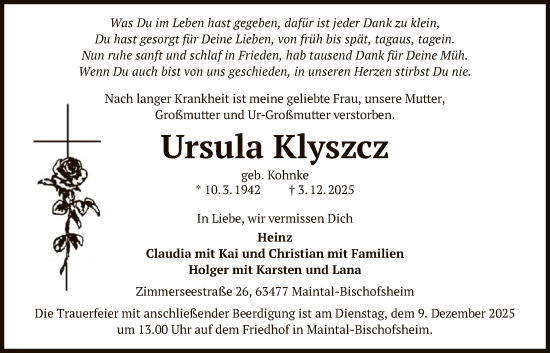 Traueranzeige von Ursula Klyszcz von OFHA