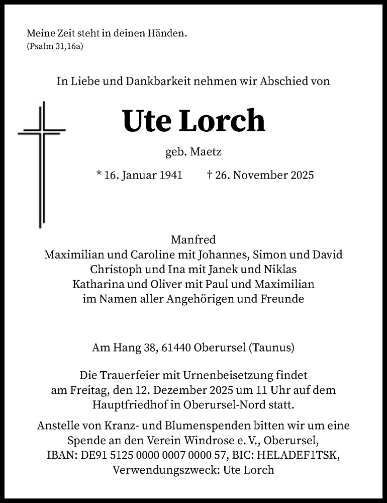  Traueranzeige für Ute Lorch vom 06.12.2025 aus FNP