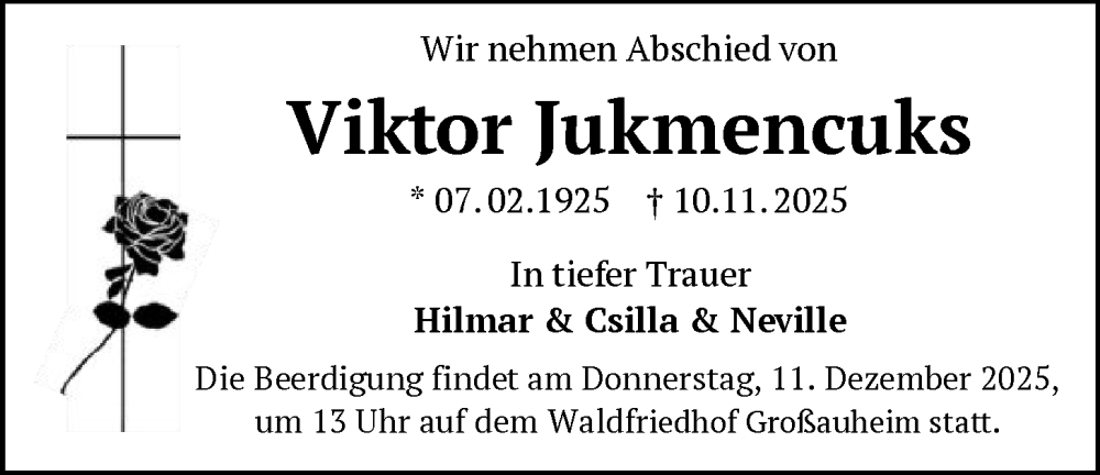  Traueranzeige für Viktor Jukmencuks vom 06.12.2025 aus OFHA