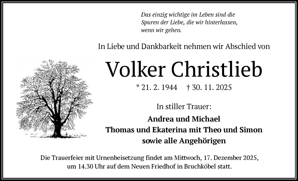  Traueranzeige für Volker Christlieb vom 06.12.2025 aus OFHA