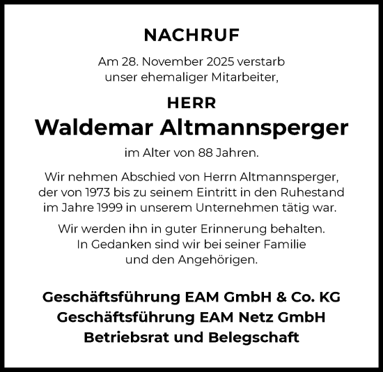 Traueranzeige von Waldemar Altmannsperger von OFHA