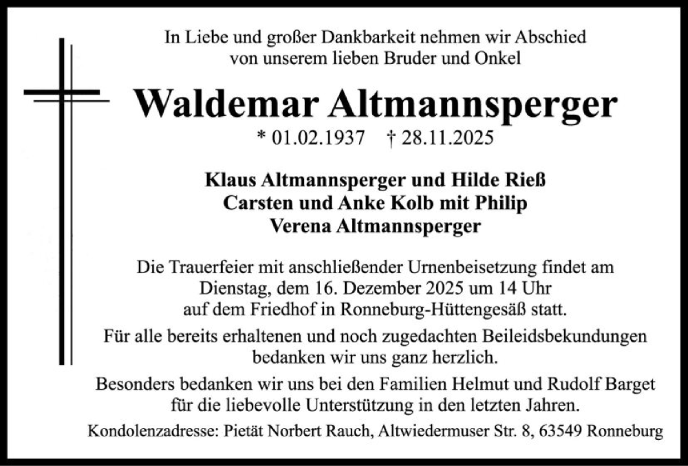  Traueranzeige für Waldemar Altmannsperger vom 13.12.2025 aus OFHA