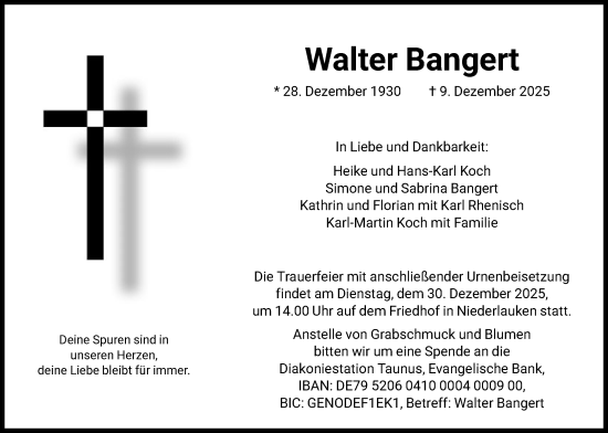 Traueranzeige von Walter Bangert von FNP