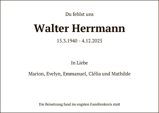 Traueranzeige von Walter Herrmann von FNP