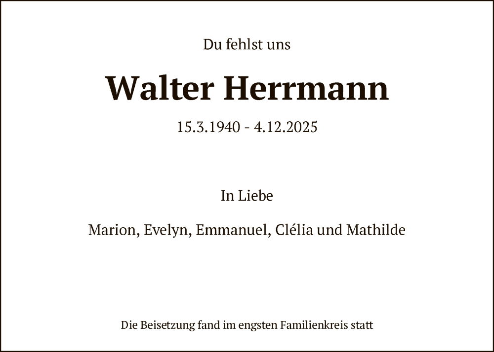  Traueranzeige für Walter Herrmann vom 20.12.2025 aus FNP