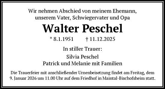 Traueranzeige von Walter Peschel von OFHA