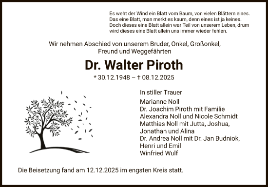 Traueranzeige von Walter Piroth von FNP