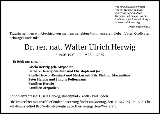 Traueranzeige von Walter Ulrich Herwig von FNP
