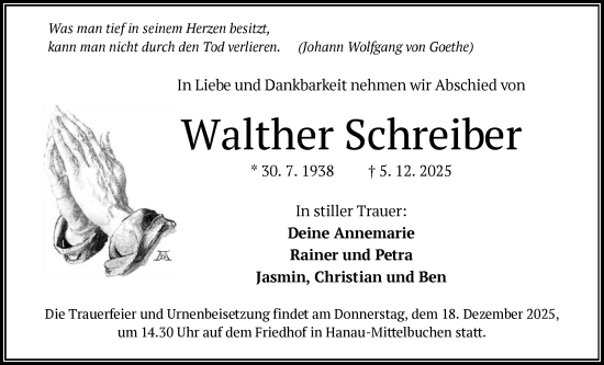Traueranzeige von Walther Schreiber von OFHA