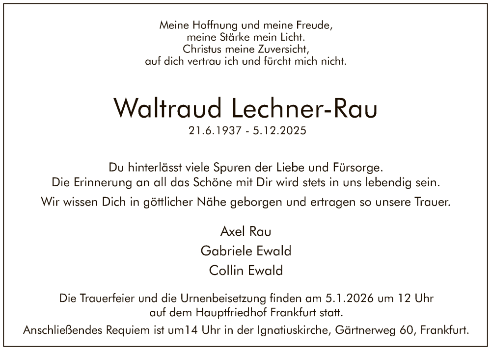  Traueranzeige für Waltraud Lechner-Rau vom 27.12.2025 aus FNP