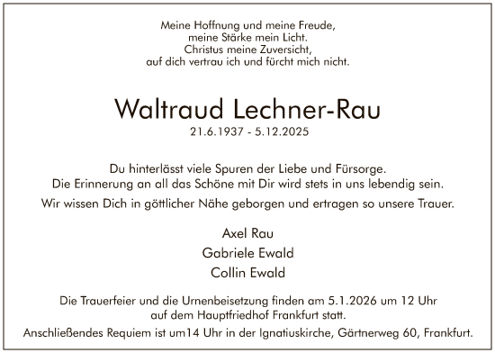 Traueranzeige von Waltraud Lechner-Rau von FNP
