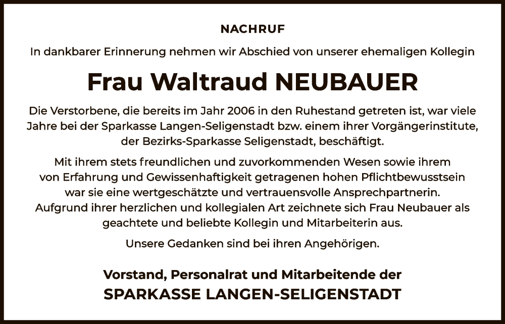  Traueranzeige für Waltraud Neubauer vom 27.12.2025 aus OFOP