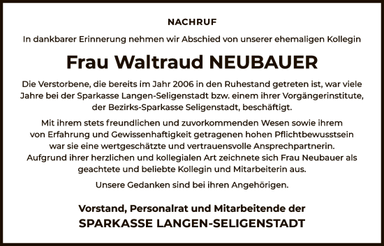 Traueranzeige von Waltraud Neubauer von OFOP