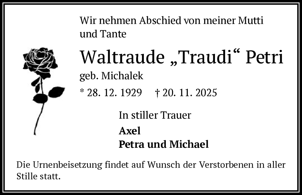  Traueranzeige für Waltraude Petri vom 13.12.2025 aus OFOP