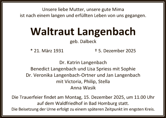 Traueranzeige von Waltraut Langenbach von FNP