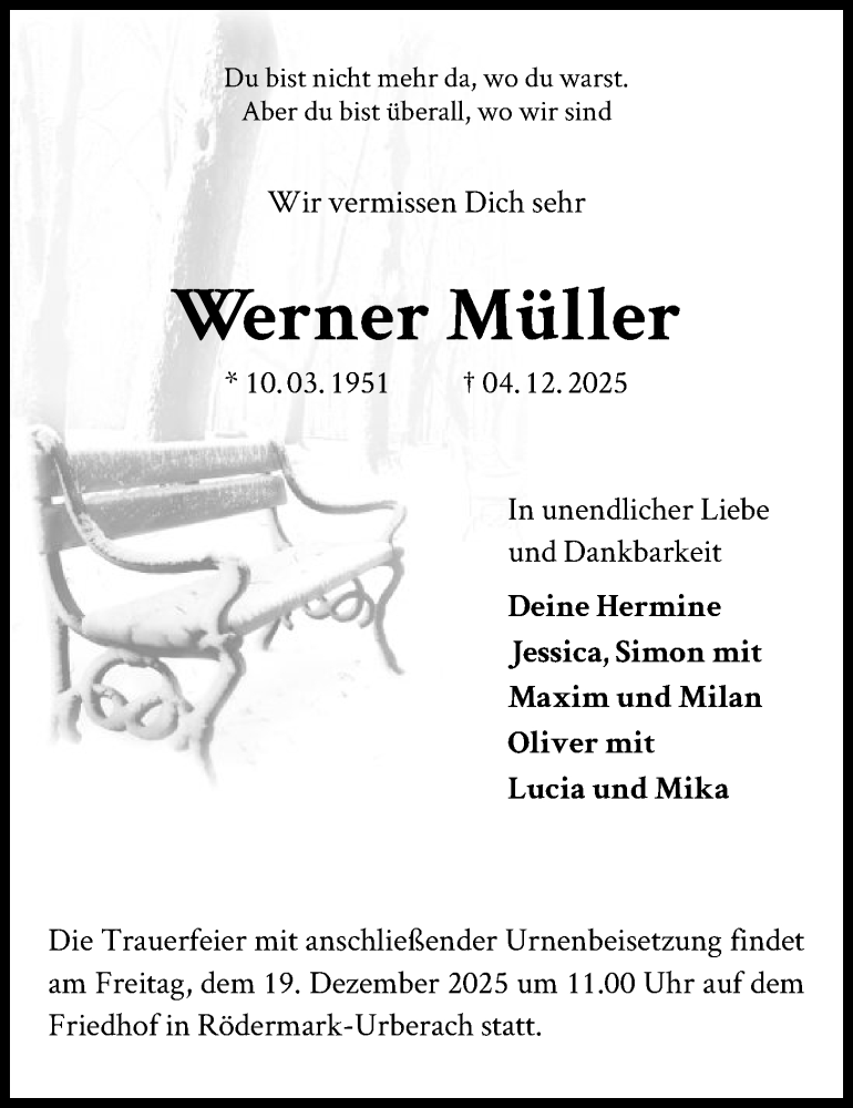  Traueranzeige für Werner Müller vom 13.12.2025 aus OF0L