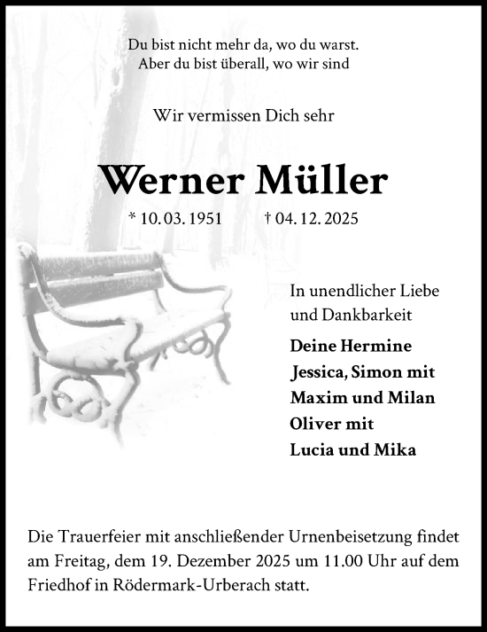 Traueranzeige von Werner Müller von OF0L