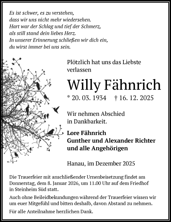 Traueranzeige von Willy Fähnrich von OFHA