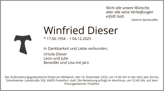 Traueranzeige von Winfried Dieser von FNP