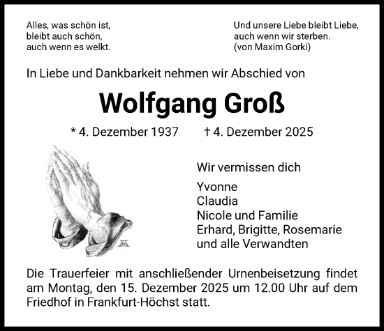 Traueranzeige von Wolfgang Groß von FNP