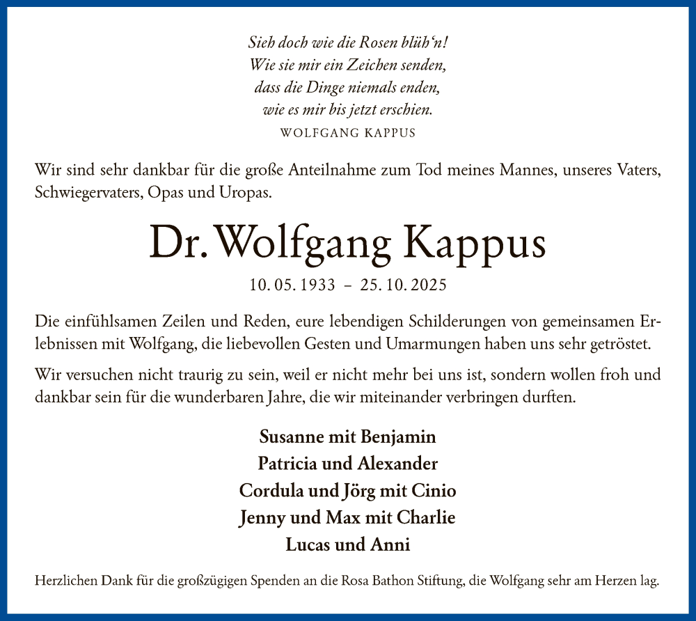  Traueranzeige für Wolfgang Kappus vom 06.12.2025 aus OFOP