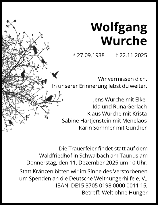 Traueranzeige von Wolfgang Wurche von FNP