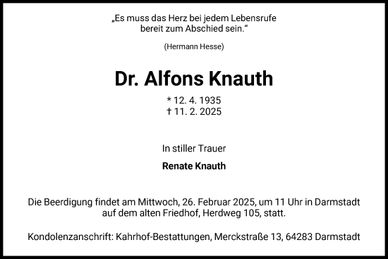 Traueranzeige von Alfons Knauth von FNP