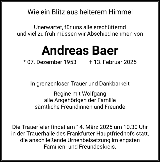 Traueranzeige von Andreas Baer von FNP