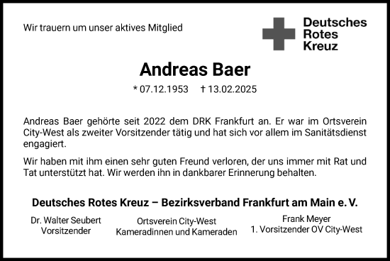 Traueranzeige von Andreas Baer von FNP