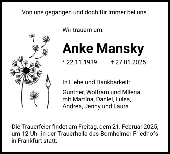 Traueranzeige von Anke Mansky von FNP