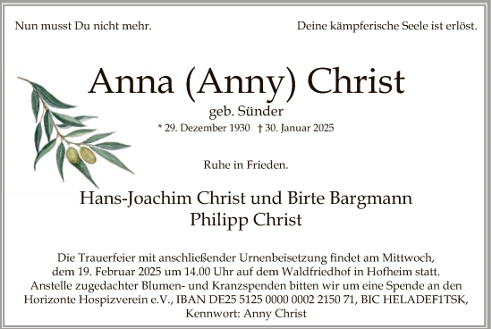 Traueranzeige von Anna Christ von FNP