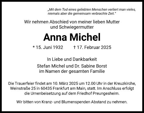 Traueranzeige von Anna Michel von FNP