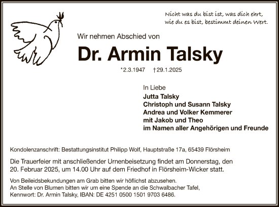 Traueranzeige von Armin Talsky von FNP