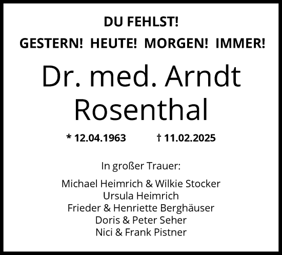 Traueranzeige von Arndt Rosenthal von FNP