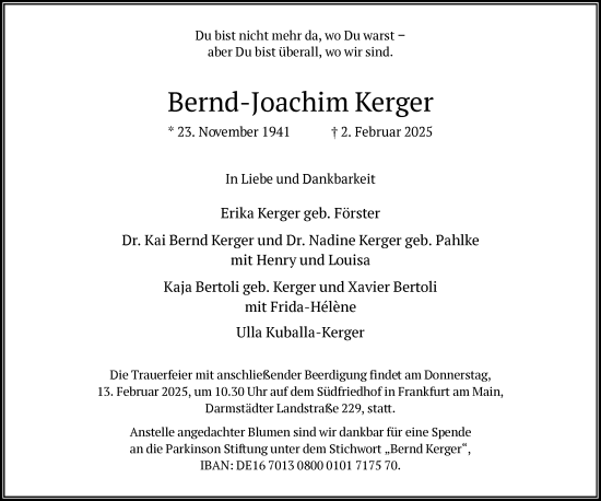 Traueranzeige von Bernd-Joachim Kerger von FNP