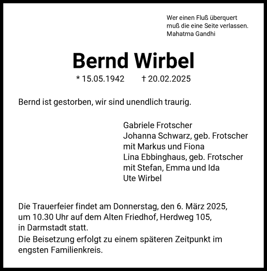 Traueranzeige von Bernd Wirbel von FNP