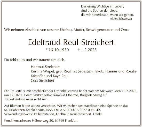 Traueranzeige von Edeltraud Reul-Streichert von FNP