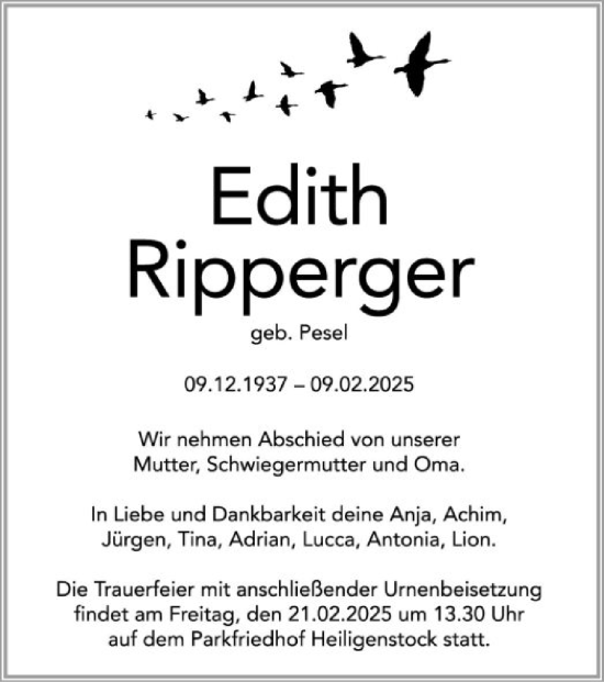 Traueranzeige von Edith Ripperger von FNP